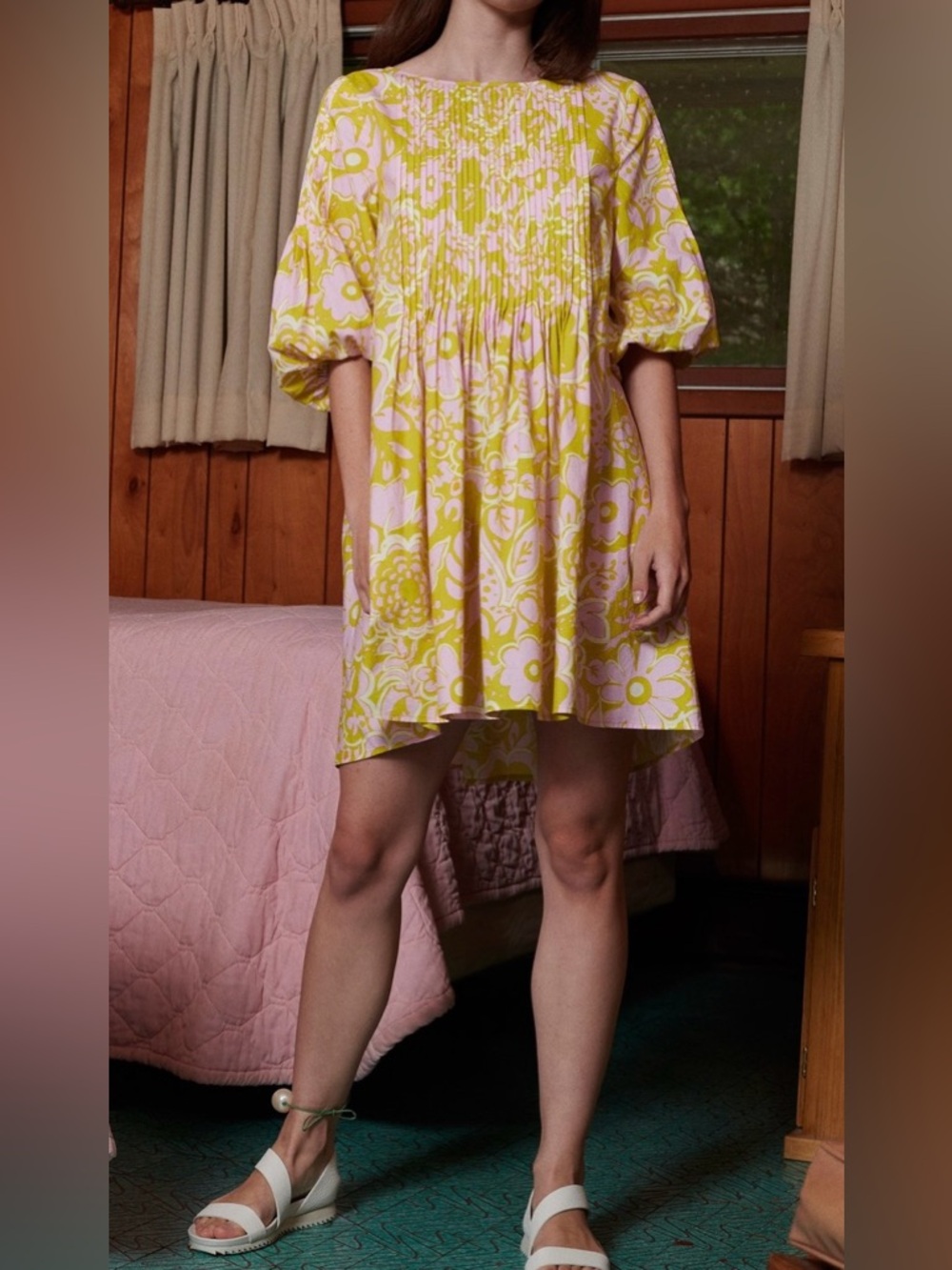 WHIT Organic Cotton Floral Pintuck Mini Dress in Yellow-Pink